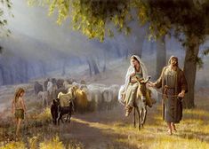 the shepherd is leading his sheep down the path with two women and a child on horseback