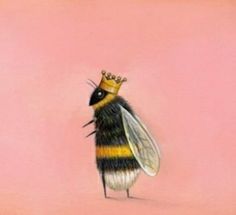 a painting of a bee with a crown on it's head, standing in front of a pink background