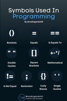 the symbols used in programming are displayed on a black background with blue circles and white letters