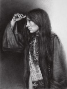 a drawing of a woman with long hair and jewelry on her neck, looking off into the distance