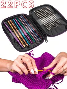 the knitting kit is packed with needles and crochet hooks in it's case