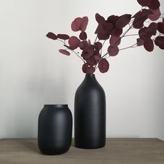 two black vases sitting on top of a wooden table next to each other with red flowers in them