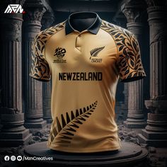 the new zealand rugby jersey is shown in gold and black, with fern leaves on it