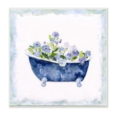 a watercolor painting of blue flowers in a bathtub