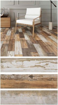 three different types of wood flooring with white and brown tones, one in the foreground