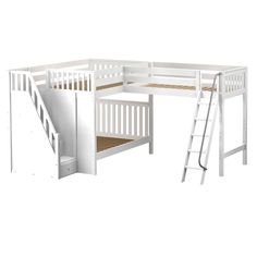 a white bunk bed with stairs next to it and a ladder leading up to the top