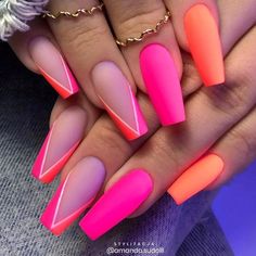 Flashy Nails Summer, Fluro Orange Nails, Nude Neon Nails, Neon Pink Nails Acrylic, Neon Square Nails, Acrylic Nails For Baddies, Hot Coral Nails, Neon Coffin Nails, Neon Nail Ideas