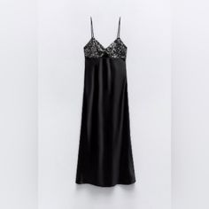 Size Small, Fits 4-6, Gathered V-Neckline And Opening. Thin Straps. Sequin Appliqu Detail With Satin Effect Fabric. Side Hidden In-Seam Zip Closure. Sequin Appliques, Zara Black, Zara Dresses, Silk Dress, Black Silver, Sequin, Zara, Maxi Dress, Satin