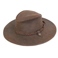 100% Genuine Leather Braided Leather Band Brim Size: 3" One Size Fits Most Unisex Style Introducing the Peter Grimm Hognose - Leather Outback Hat, a perfect blend of rugged style and practicality. This hat offers ample sun protection with its sturdy 3" brim, making it an ideal choice for those sunny days spent exploring the great outdoors or enjoying a day in town. Crafted from 100% genuine leather, the Hognose Hat exudes quality and durability, ensuring it will be a long-lasting addition to your wardrobe. The standout feature of this hat is the beautifully braided leather band that wraps around the crown, adding a touch of sophistication and a unique flair. This detail not only enhances the hat's classic appeal but also provides a stylish contrast that makes the hat truly pop. Whether you Casual Leather Fedora With Short Brim, Rugged Brown Hat For Travel, Classic Distressed Brown Hat With Short Brim, Rugged Brown Travel Hat, Brown Leather Fedora Hat, Distressed Brown Fedora For Outdoor, Classic Hat With Curved Brim In Distressed Brown, Classic Distressed Brown Hat With Curved Brim, Rugged Distressed Brown Leather Hat