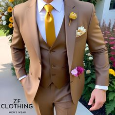 Men Suits Tan 3 Piece Slim Fit  Elegant Suit Golden Button Suit Formal Fashion Suits Groom Wedding Suit Party Wear Dinner Bespoke For Men ZF Item Include (Coat+ Vest+ Pant) Fabric:- Imported, Premium Color:-  Brown Dry Clean Recommended The suit is for wedding, Party, Proms, and Many Occasions. We make the suit according to our Standard size chart, If you are not sure about your size/measurement,  please give your body measurement in inches, so we make perfect suit for you.  Jacket Measurement:- 1 Jacket Length 2 Chest  (Circumference) 3 Stomach (Circumference) 4 Hip(Circumference) 5 Shoulder to Shoulder 6 Sleeve Length Pant Measurement:- 1 Waist 2 Hip  3 Knee 4 Out seam (Pant Length) Express Shipping to world-wide but Remote Area May Take Longer Little color variation may possible due to Fall Color Suits Men, Light Brown Tuxedo Wedding, Gold Fitted Three-piece Suit For Formal Occasions, Fitted Gold Blazer For Wedding, Gold Fitted Blazer For Weddings, Gold Fitted Suit With Suit Collar, Gold Fitted Suits With Suit Collar, Gold Fitted Three-piece Suit For Semi-formal Occasions, Fitted Gold Three-piece Suit For Semi-formal Occasions