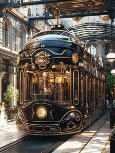 a black and gold train traveling down tracks in a building next to people walking on the sidewalk