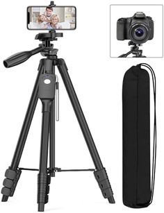 a tripod with a camera attached to it and a bag on the ground next to it