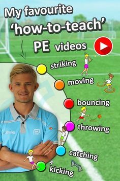 a man standing in front of a soccer field with words describing how to teach pe videos