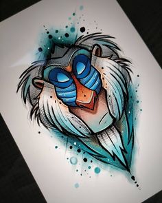 a drawing of a lion with blue and orange colors