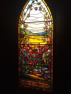 a stained glass window with flowers in the center and mountains in the distance behind it