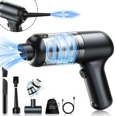 an electric hair dryer with blue light coming out of it's back end