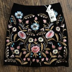 The Cutest Skirt! It Is A Velvet Material With Gorgeous Floral Embroidery And A Zipper Down The Back! So Cute For This Time Of The Year With Otk Boots! Chic Embroidered Mini Skirt, Spring Floral Embroidered Mini Skirt For Party, Floral Embroidered Fitted Mini Skirt, Black Skirt With Floral Embroidery, Black Floral Embroidered Skirt, Elegant Embroidered Fitted Mini Skirt, Elegant Fitted Embroidered Mini Skirt, Fitted Embroidered Black Mini Skirt, Embroidered Black Mini Skirt For Spring