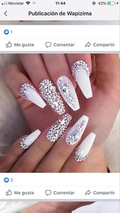 White Nails With Gems, Brown And White Nails, Nails With Gems, Diamond Nail Designs, Nail Goals, Natural Nail Designs, Watermelon Nails, Matte Nails Design