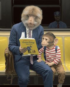 a monkey in a suit and tie sitting on a bench next to a man reading a book