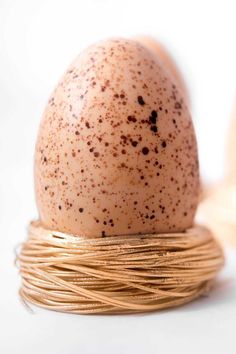 an egg sitting on top of a wire nest