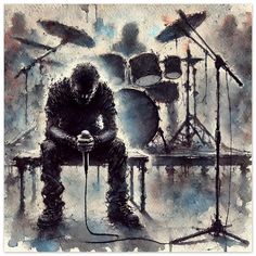 a painting of a man sitting in front of drums and microphones with his hands on his knees