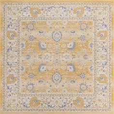 an area rug with yellow and blue accents