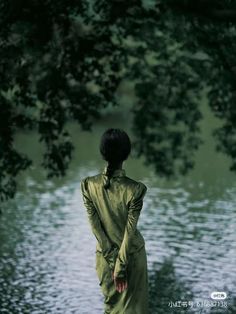 a woman in a green dress standing by the water's edge with her back turned to the camera