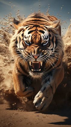 a tiger running through the air with its mouth open