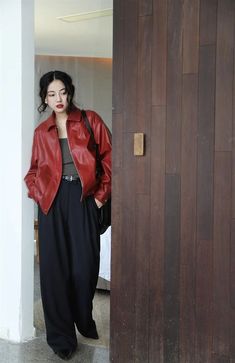 Red Faux Leather Jacket Stylish Leather Jacket, Cardigan Sweater Jacket, Trendy Outfit, Gothic Dress, Faux Leather Jacket, Crop Top Blouse, Boho Maxi Dress, Cutout Dress, Cardigan Tops