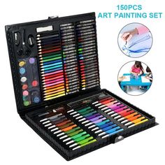 the art painting set is open and has many different colored pencils in its case