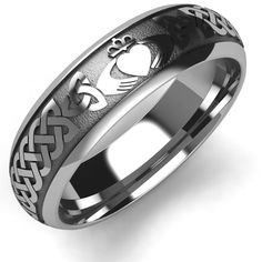 TUNGSTEN Claddagh Wedding Ring UCL1-TUNG6M Tungsten Claddagh Wedding Ring Available in sizes from 6 through 13Width: 6 mmRing picture above is size 10 and weighs around 10 grams.Available also in Titanium, 10K Gold, 18K Gold, Platinum, White Gold, Yellow Gold or Rose Gold.Our Tungsten Claddagh Wedding Ring features 2 claddagh symbol (hands, heart and crown) on the opposite side of the ring, 4 trinity knot and 4 Celtic knot. The length of the Celtic knot is adjusted to fit the size of the ring: s Claddagh Wedding Ring, Celtic Knot Wedding Ring, Claddagh Symbol, Mens Claddagh Ring, Claddagh Ring Wedding, Roi Arthur, Cool Wedding Rings, Claddagh Ring, Celtic Wedding Rings