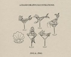 six hand drawn illustrations of cocktail glasses