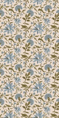 a blue and green flower pattern on a white background, with small flowers in the foreground