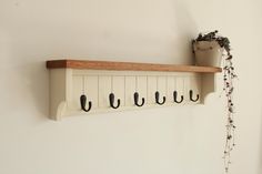 a wall mounted coat rack with five hooks and a potted plant on the side