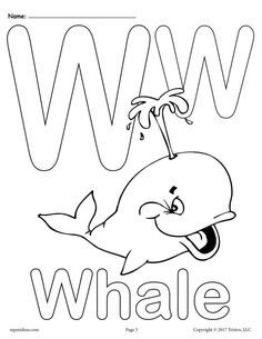 the letter w is for whale coloring page with an image of a whale and its name