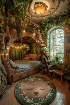 a bedroom with a tree house bed and stairs