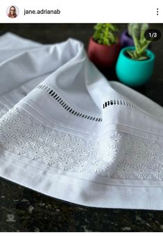 two potted plants sitting on top of a table next to a white cloth with embroidered details