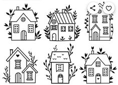 four different houses with trees and leaves on the front, one in black and white