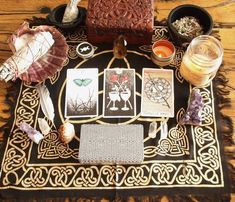 a table topped with cards and other items