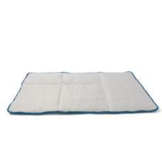 a white and blue dog mat on a white background, with the bottom part of it folded up