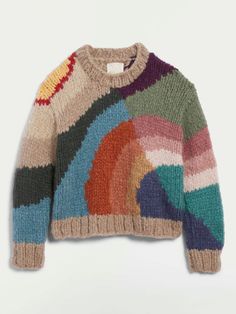 a sweater with multicolored stripes on the front and back, sitting on a white surface