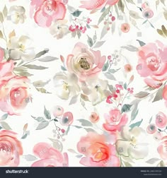 watercolor floral pattern with pink roses and green leaves on white background for wallpaper