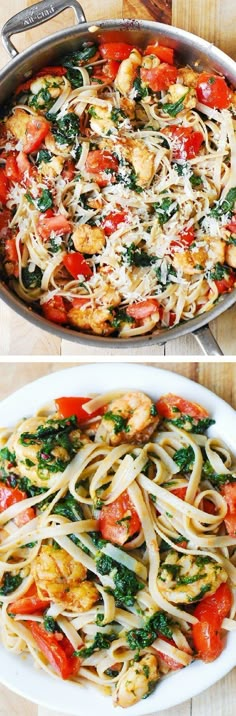 two pictures of different types of food in pans on the same side, one with pasta and another with spinach