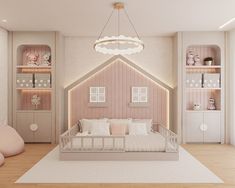 a bedroom with pink walls and white furniture