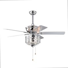 a ceiling fan with crystal chandelier hanging from it's blades and two lights