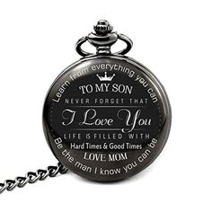 a black pocket watch with the words i love you written on it and a chain