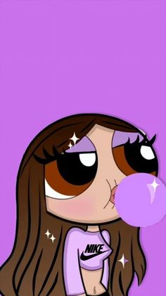 a cartoon girl blowing a bubble with her eyes wide open and brown hair, on a purple background