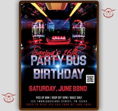 a party bus birthday flyer is shown