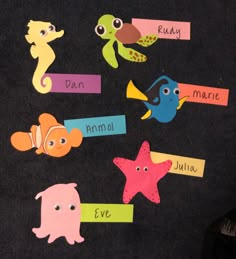 Door decorations with different finding nemo characters and resident names. Res Life Door Decs Name Tags, Spring Semester Door Decs, College Door Decs Resident Assistant, Shrek Door Decs, College Dorm Door Decorations Name Tags, Dorm Door Decs, Dorm Name Tags Resident Assistant, Ra Theme Ideas