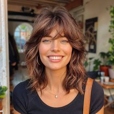 Shag Bangs Wavy Hair, Off Centre Curtain Bangs, Shag For Fine Wavy Hair, Medium Length Haircut Short Bangs, Bottleneck Bangs Medium Hair Round Face, Shoulder Shag With Bangs, Wavy Bangs Haircut, Thick Wavy Bangs, French Shag Haircut Medium